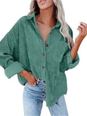 Women's Corduroy Button-Up Shirt Jacket in Mint Green